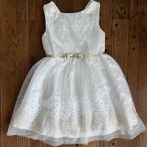 White and gold sparkly girls size 7 flower girl first communion fancy dress bows